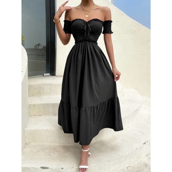 Off the Shoulder Shirred Bodice Ruffle Hem maxi Dress boho black - Picture 6 of 6